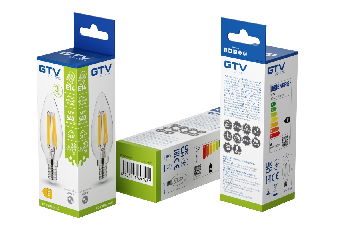Bec LED lumanare GTV, E14, 5.8W, 640lm, lumina neutra (4000K), clasa energetica E