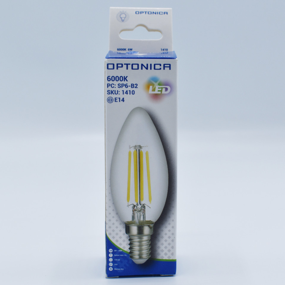 Bec LED lumanare Vintage filament Optonica, 6W(49W), E14, C37, 730 lm, lumina rece (6000K), clasa energetica E - 2 | YEO