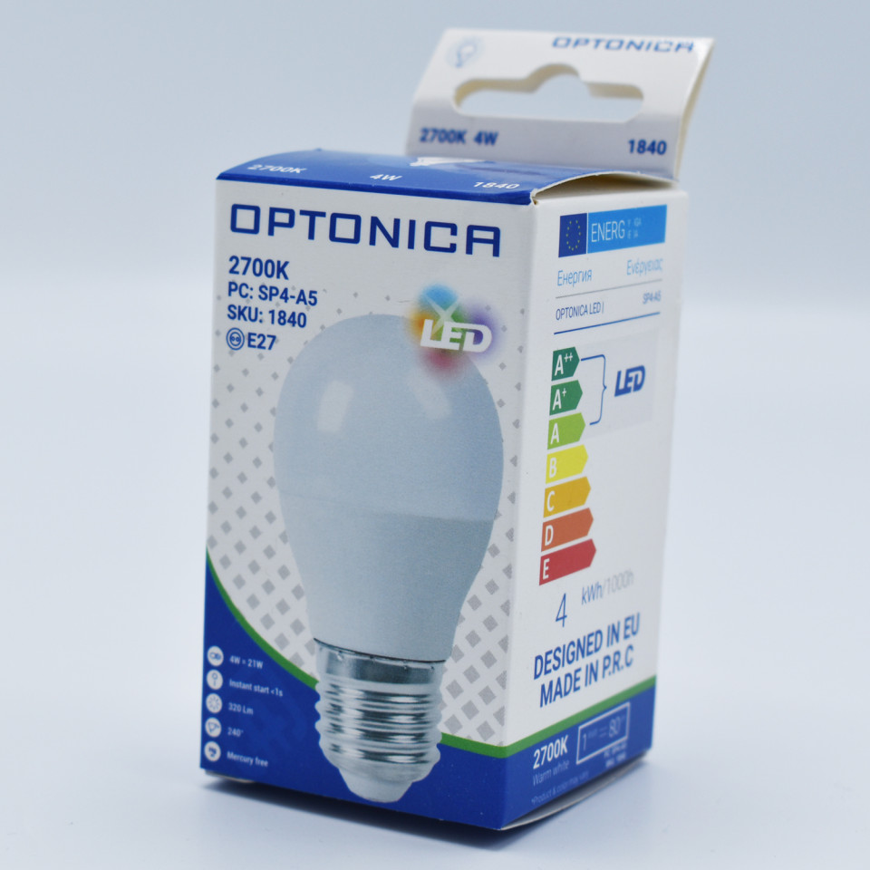 Bec LED Optonica, 4W(32W), E27, G45, 320 lm, lumina calda (2700K), clasa energetica G