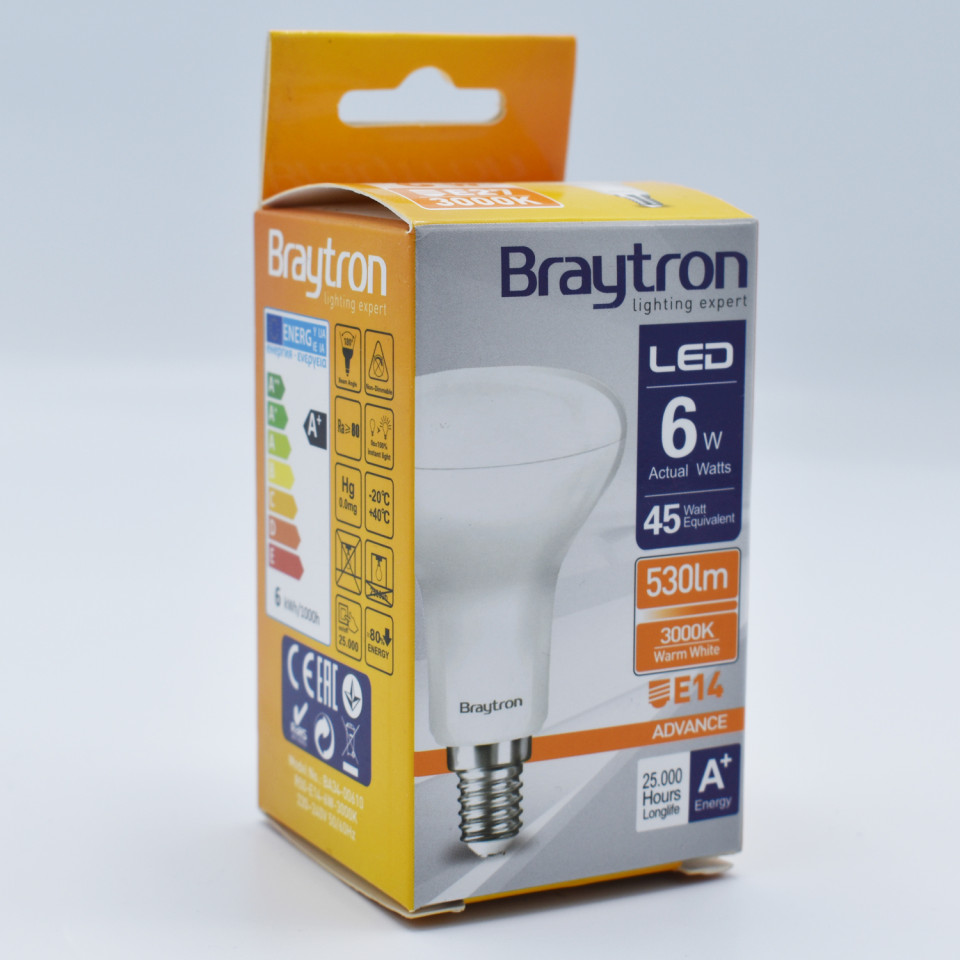 Bec led R50 6W (45W) Braytron, E14, 530lm, lumina calda (3000K), clasa energetica F