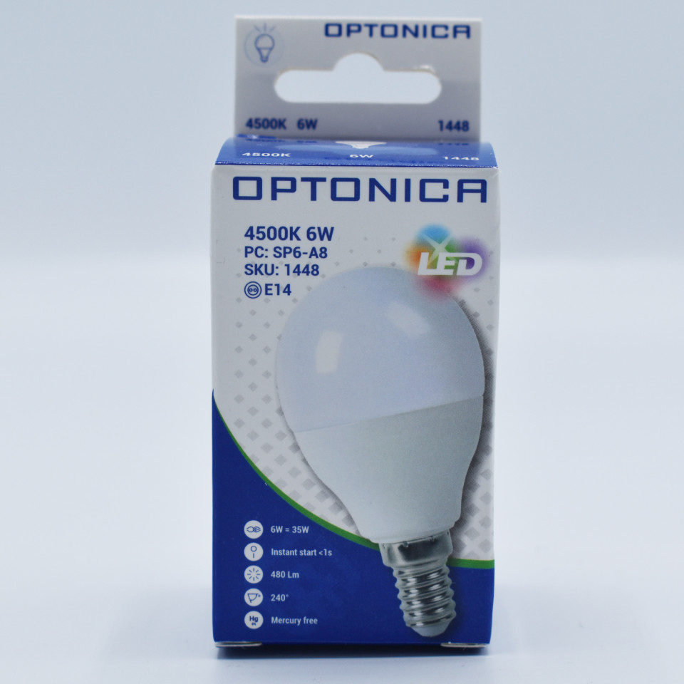 Bec LED sferic 6W(48W) Optonica, E14, G45, 480 lm, lumina neutra (4500K), opal, clasa energetica G - 2 | YEO