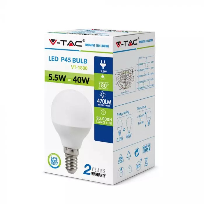 Bec LED sferic V-TAC, 5.5W(40W), E14, P45, 470 lm, lumina calda (2700K), clasa energetica F - 2 | YEO