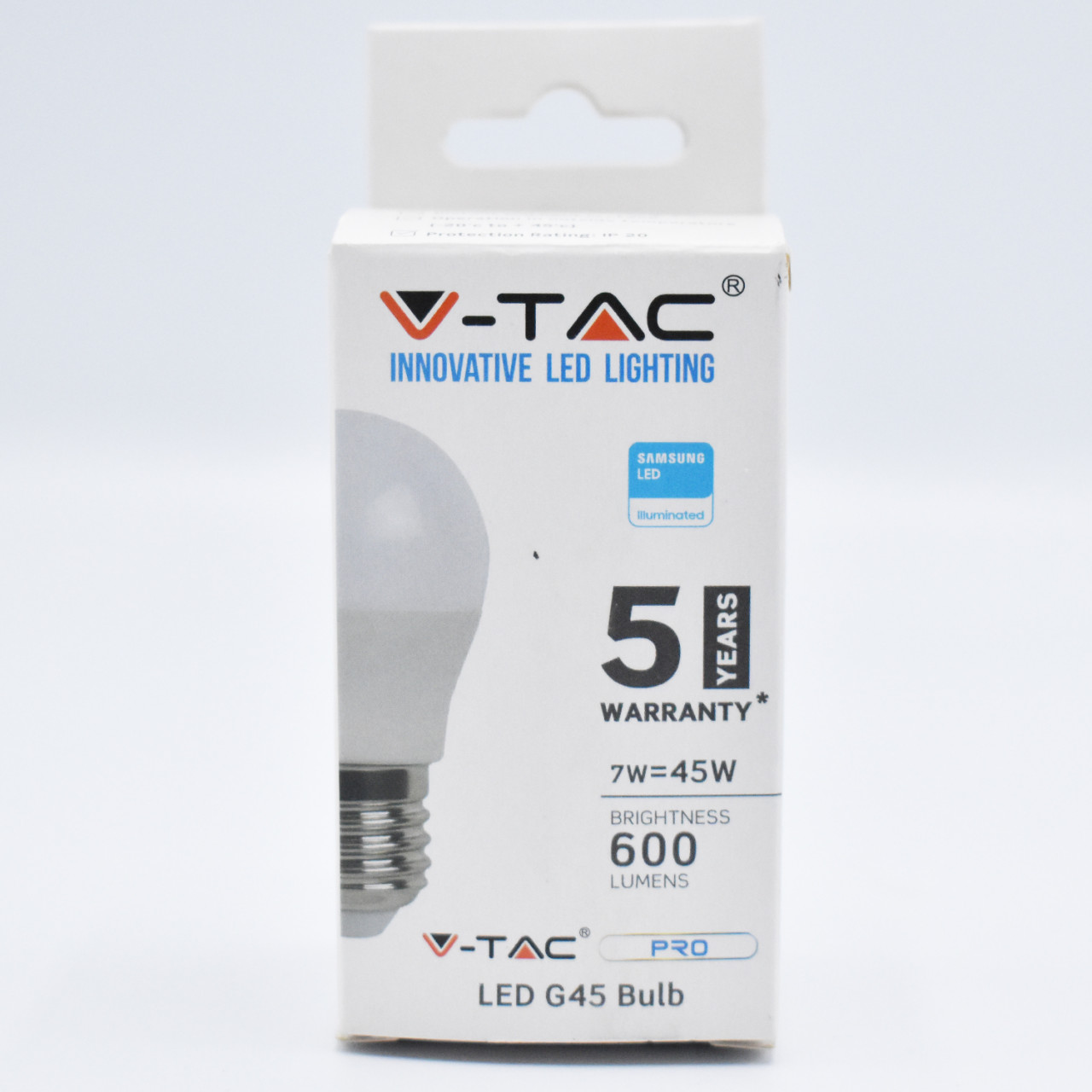 Bec LED sferic V-TAC, 7W(45W), cip Samsung, E27 G45, 600 lm, lumina calda (3000K), opal, clasa energetica F - 2 | YEO