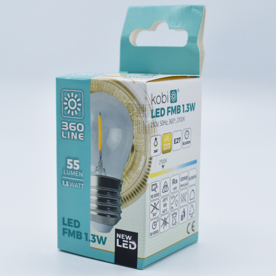 Bec LED sferic Vintage filament 1.3W(10W) Kobi, E27, 55 lm, lumina calda (2700K), clasa energetica G