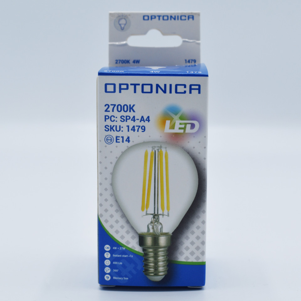 Bec LED sferic Vintage filament 4W(32W) Optonica, G45, E14, 400 lm, lumina calda (2700K), clasa energetica F - 2 | YEO