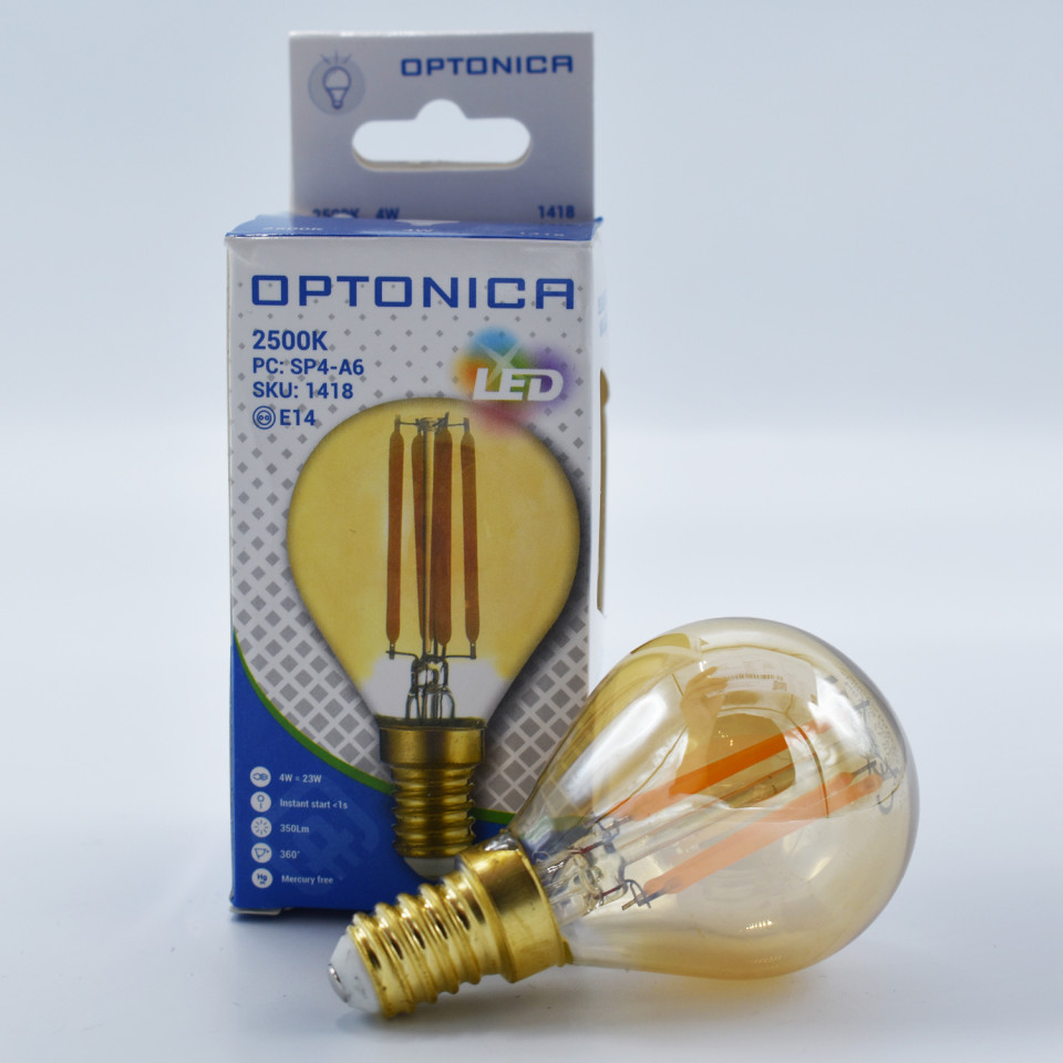 Bec LED sferic Vintage filament Optonica, 4W(30W), E14, G45, 350 lm, lumina calda (2500K), auriu, dimabil, clasa energetica F - 1 | YEO
