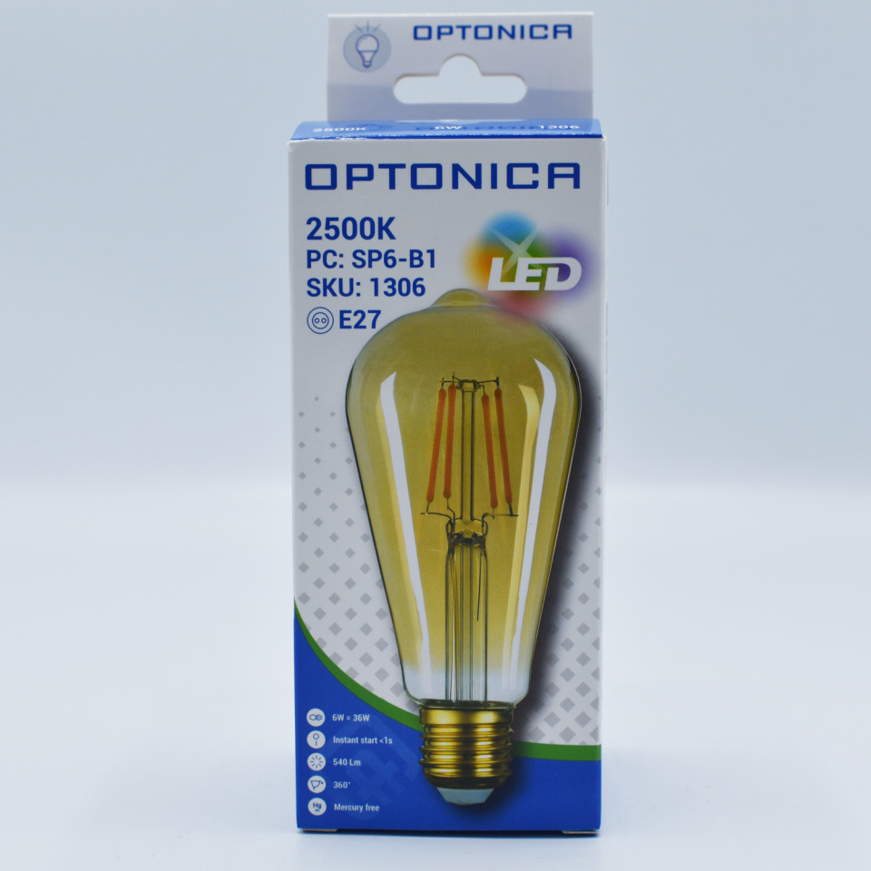 Bec LED Vintage filament, avocado 6W(36W) Optonica, ST64, E27, 540 lm, lumina calda (2800K), auriu, clasa energetica F - 2 | YEO