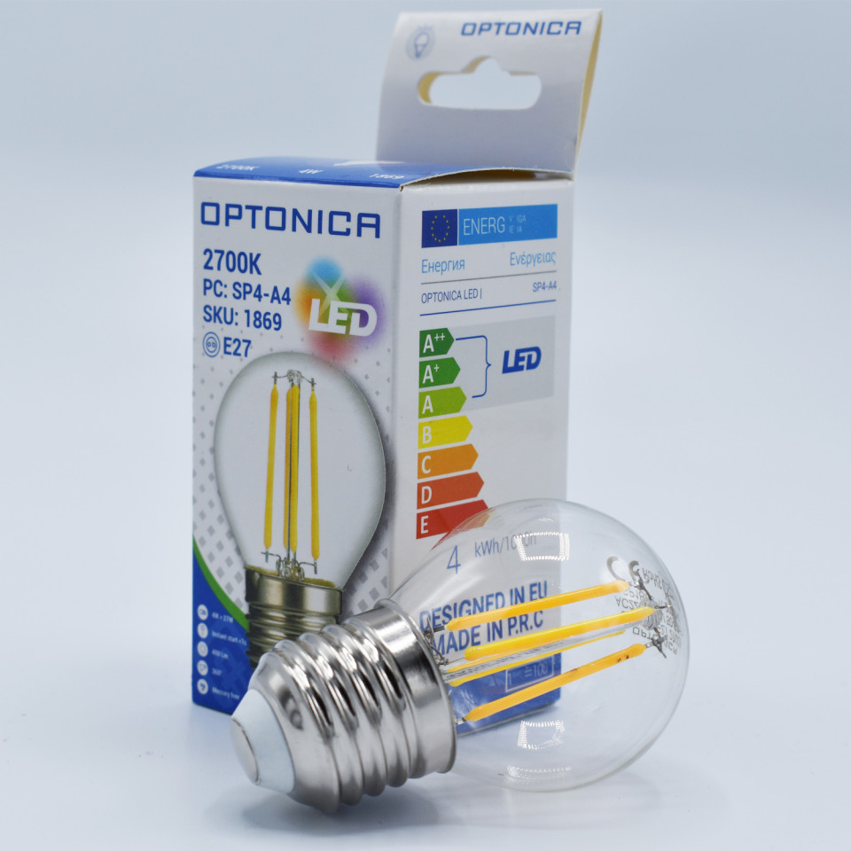 Bec LED Vintage filament Optonica, 4W(32W), E27, G45, 400 lm, lumina calda (2700K), clasa energetica F - 1 | YEO