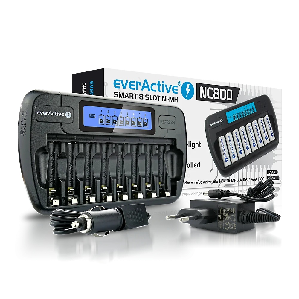 Incarcator profesional everActive NC-800 pentru baterii Ni-MH AA/AAA – 8 sloturi independente, display LCD, functii refresh si descarcare - imagine 3