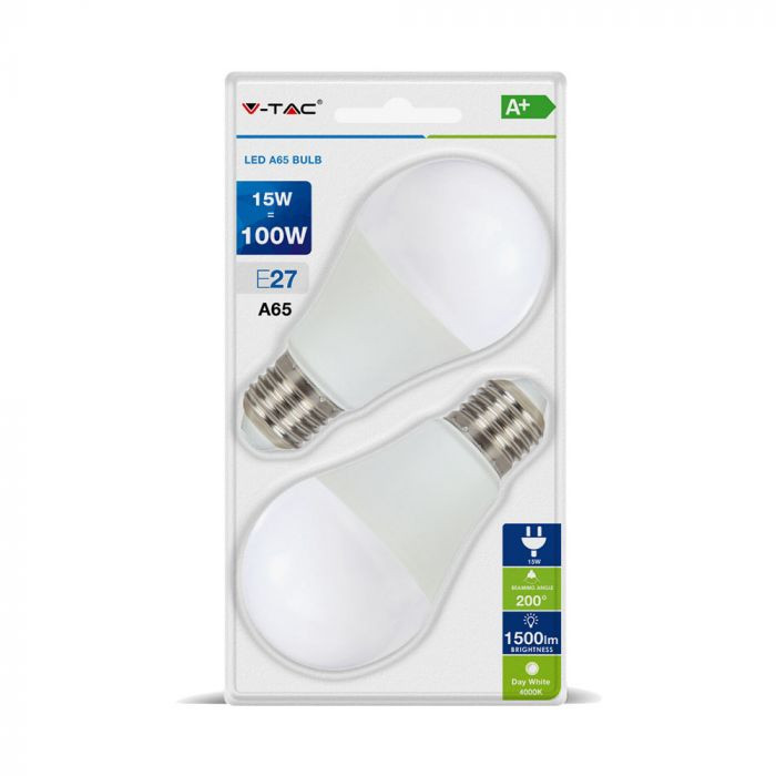 [Lichidare stoc]Set 2 becuri led E27, 15W(90W), lumina rece(6400K), 1350 lm, V-TAC