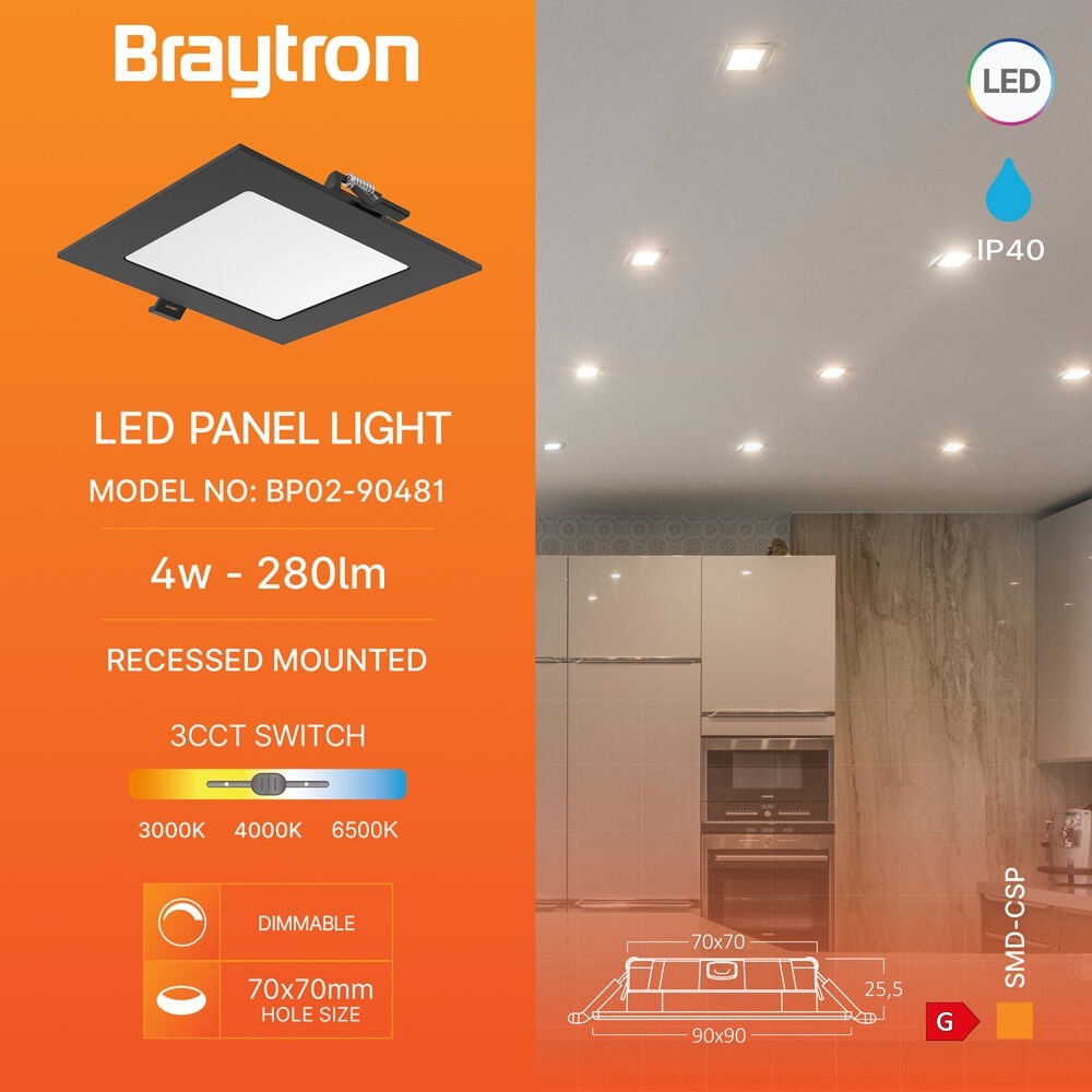 Panou LED incastrat patrat 4W, lumina calda/neutra/rece, negru, IP40, Braytron - imagine 3