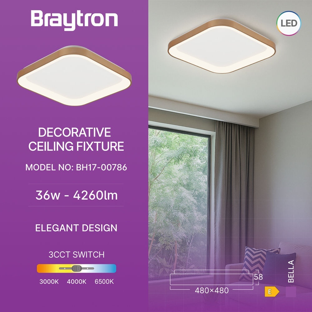 Plafoniera LED Bella patrata 36W, lumina calda/neutra/rece, aurie, IP20, Braytron - imagine 3