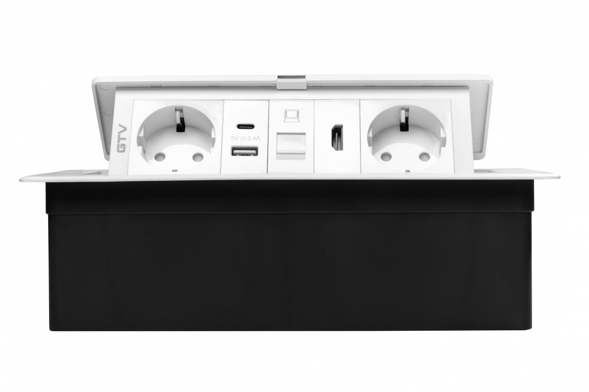 Priza incastrabila dreptunghiulara MULTISOFT, 2x Schuko, USB A+C, RJ45, HDMI,1.5 m, alba, GTV - imagine 2