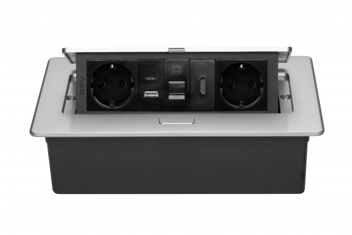 Priza incastrabila dreptunghiulara MULTISOFT, 2x Schuko, USB A+C, RJ45, HDMI, 1.5 m, aluminiu, GTV - imagine 3