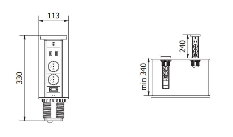 Priza incorporabila turn, 2 prize schuko, USB A+C, incarcare Wireless 10 W, lumina de veghe, cablu 1.5 m, neagra, GTV