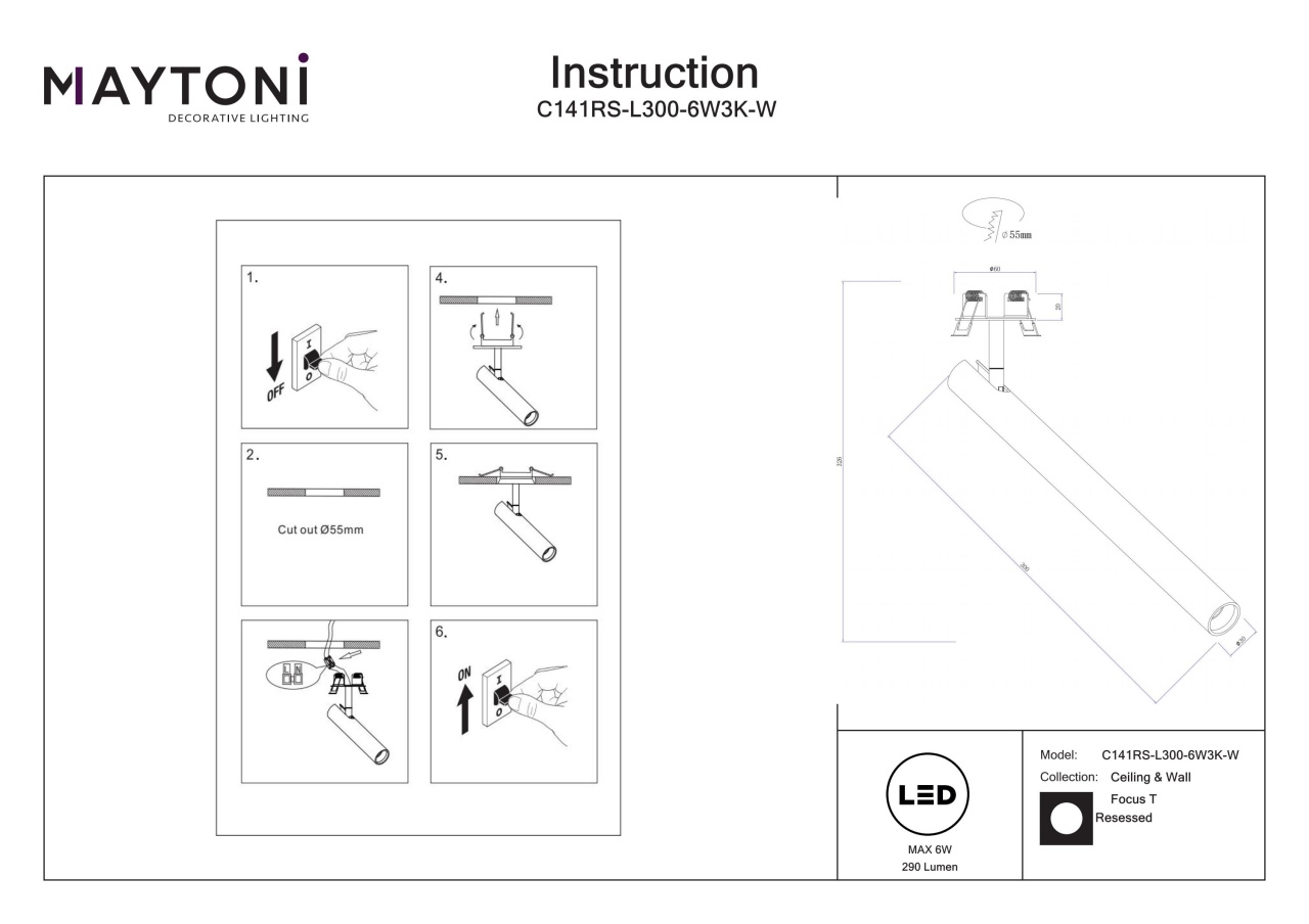 Spot LED 6W Incastrat, Maytoni C141RS-L300-6W3K-W, 290lm, Lumina Calda (3000K), Alb - 2 | YEO