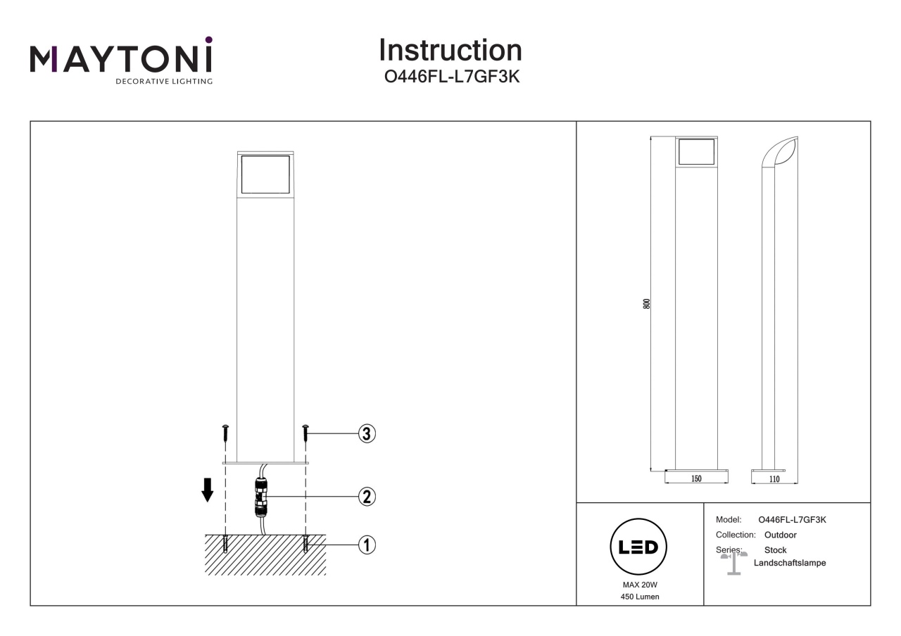 Stalp exterior LED Stock Maytoni O446FL-L7GF3K, 7W, 450lm, 3000K, IP65, grafit - 3 | YEO