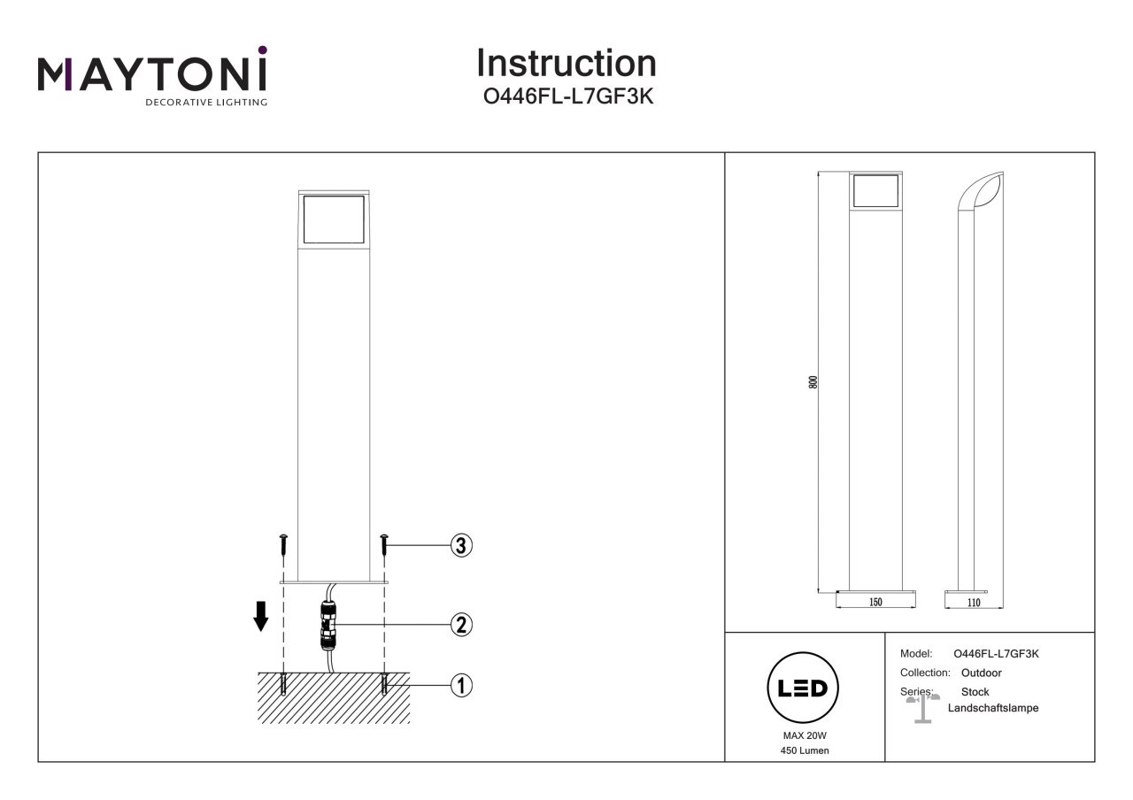 Stalp pentru exterior LED Stock O446FL-L7GF3K, 20W, 450lm, lumina calda, IP65, grafit, Maytoni - 3 | YEO