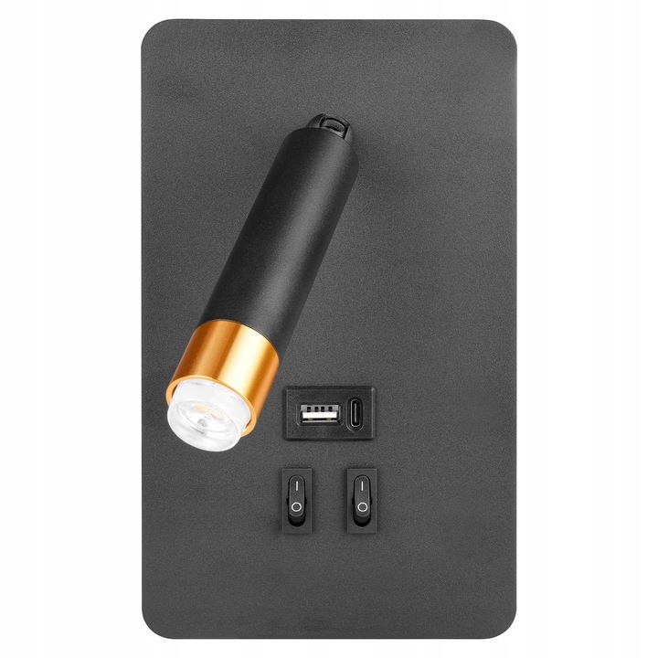 Aplica de perete Piero G9, USB A+C, 2 intrerupatoare, neagra/aurie, LVT