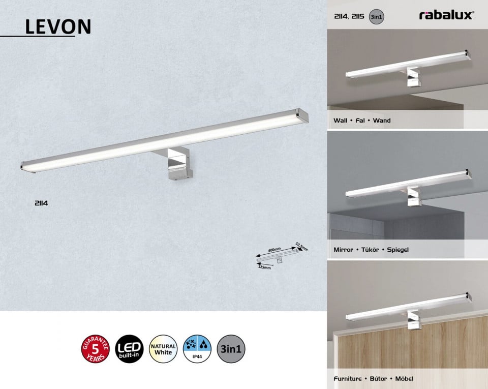 Aplica LED Levon 2114, 8W, 560lm, lumina neutra, alba+crom, IP44, Rabalux - 2 | YEO