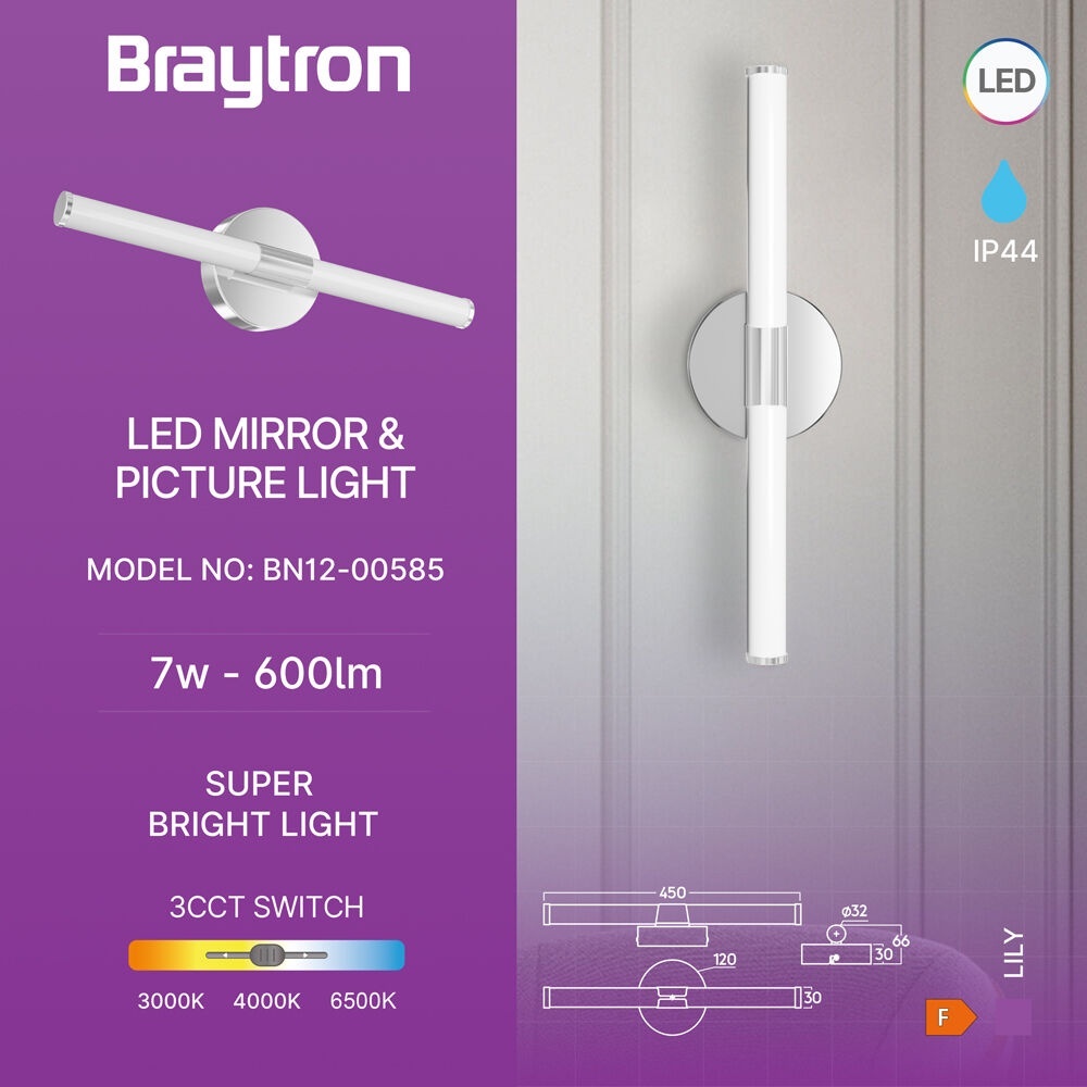 Aplica LED pentru baie 7W, 3IN1, crom, IP44, Braytron - imagine 3
