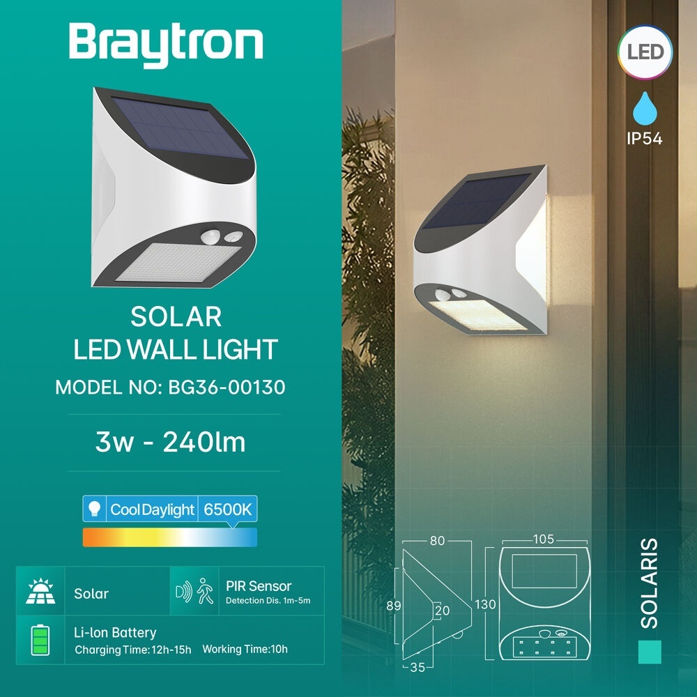 Aplica solara LED cu senzor de miscare 3W, 240lm, lumina rece (6500 K), IP54, 10h, Braytron - imagine 3