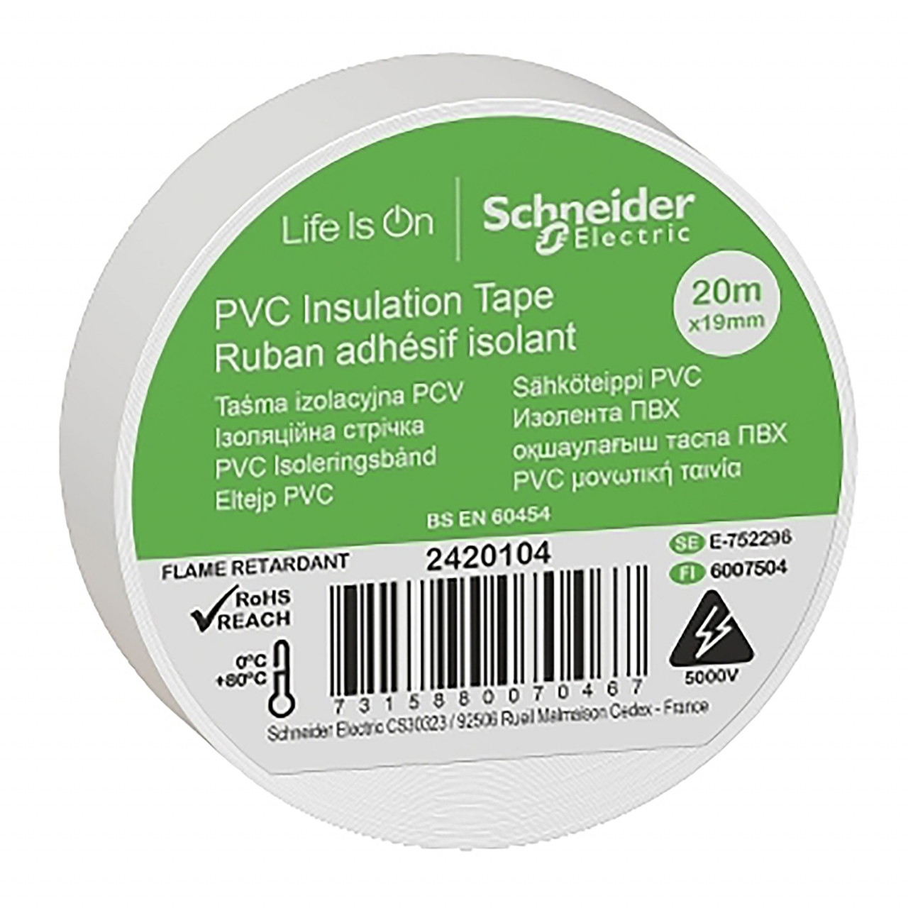 Banda izolatoare PVC, 20m x19mm, 5000V, 0-80C, alba, Schneider