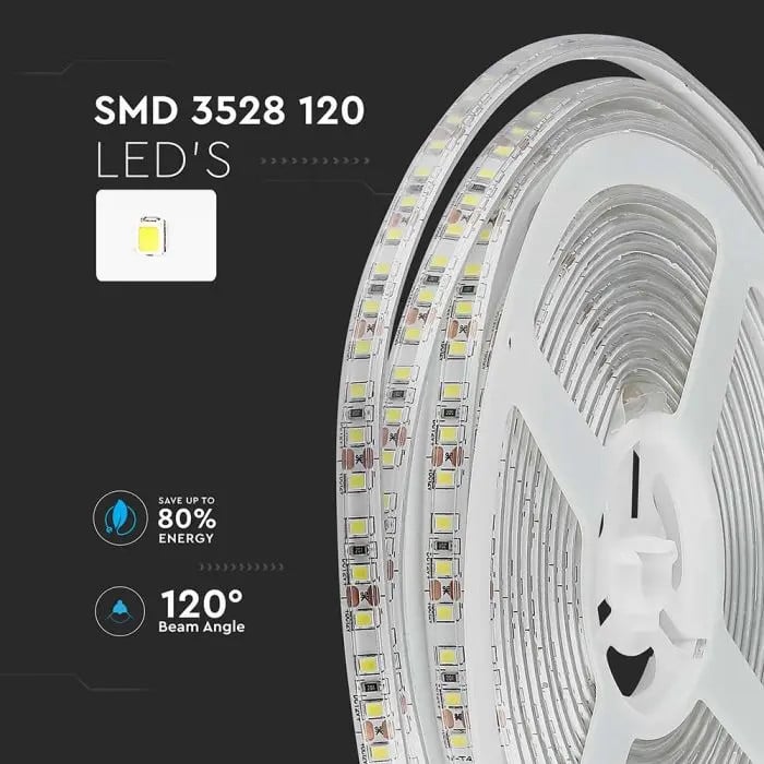 Banda led SMD 3528 V-TAC, lumina calda(3000K), 8W/m, 800lm/m, 120 leduri/m, 12V, IP65 - 2 | YEO