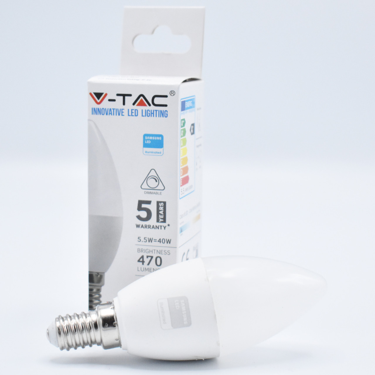 Bec LED 5.5W(40W) V-TAC C37, E14, 470 lm, cip Samsung, lumina rece (6400 K), dimabil, clasa energetica F - 1 | YEO