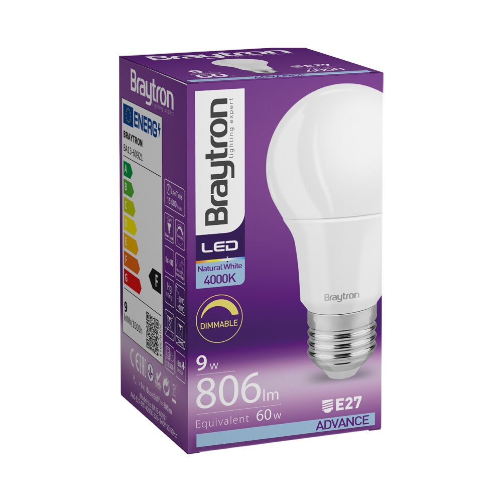 Bec LED 9W(60W) Braytron, A60, E27, dimabil, lumina neutra (4000 K), clasa energetica F