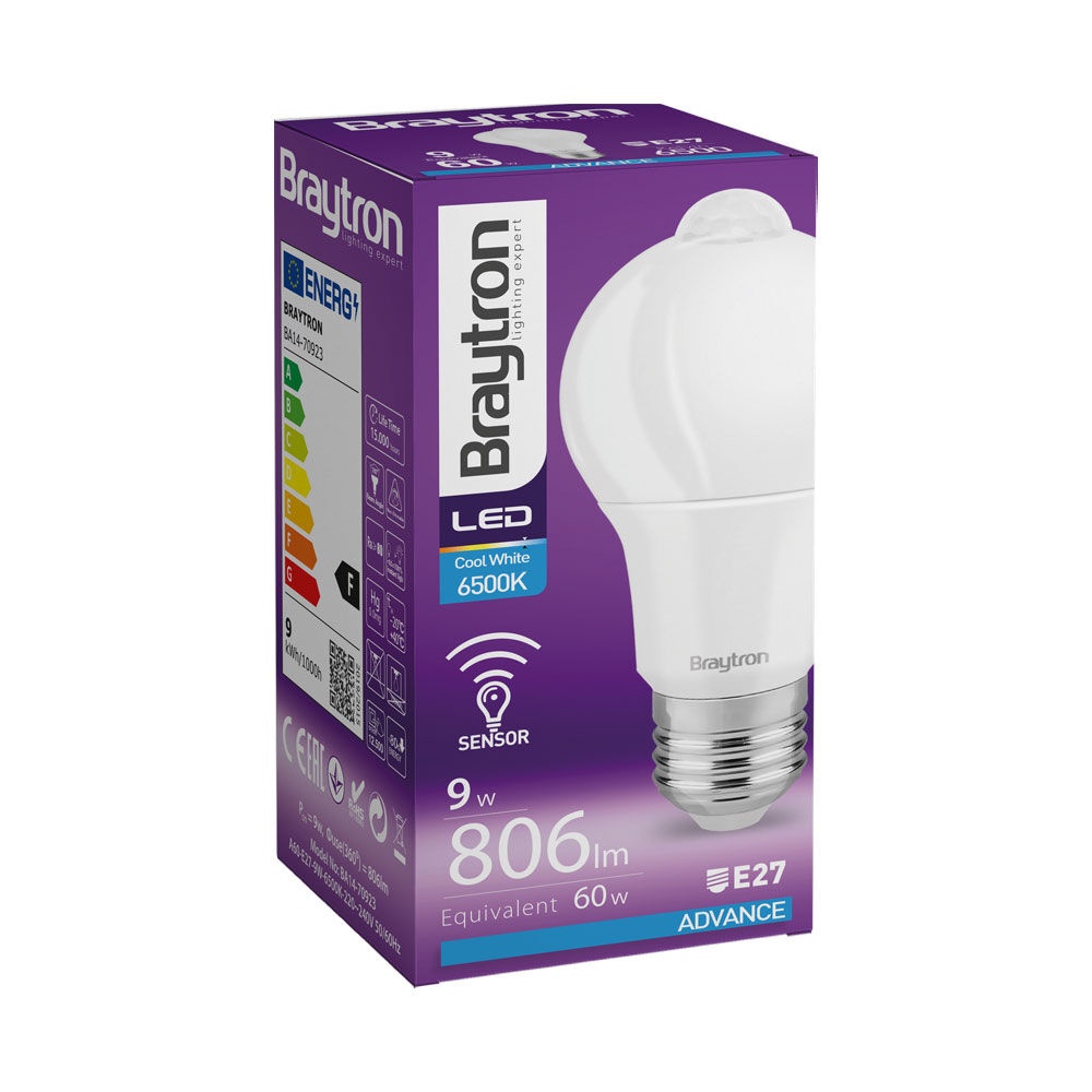 Bec LED 9W (60W) Braytron cu senzor miscare, E27, 806 lm, lumina rece (6500K), clasa energetica F