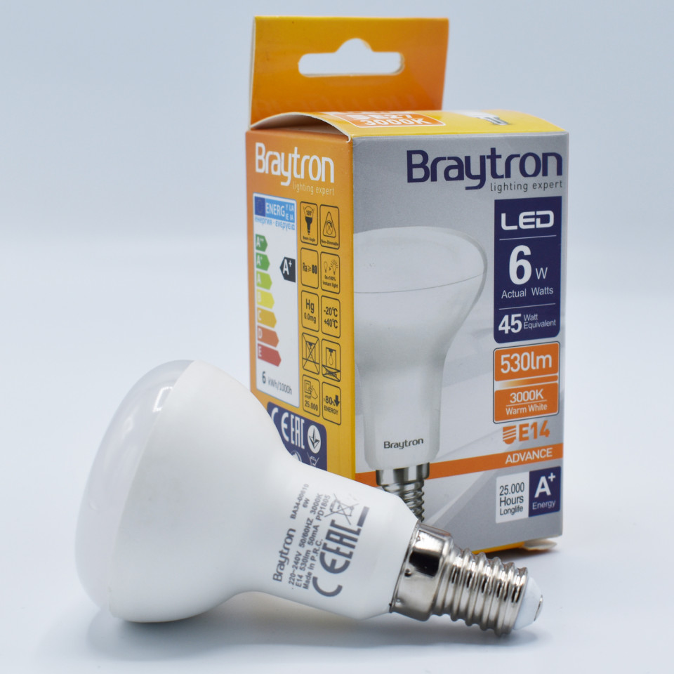 Bec LED Braytron, 6W(45W), R50, E14, 550 lm, lumina calda (3000K), clasa energetica F - 1 | YEO