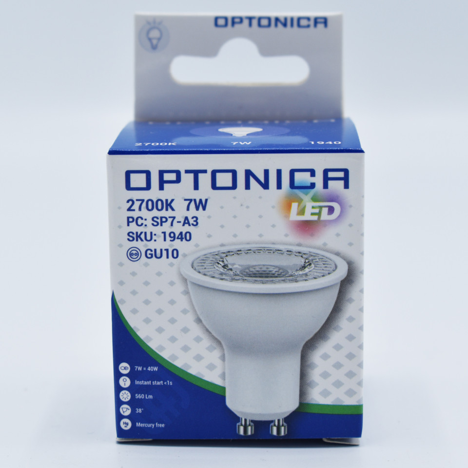 Bec LED GU10 Optonica, 7W(40W), 560 lm, lumina calda (2700K), semiclar, clasa energetica F - 2 | YEO