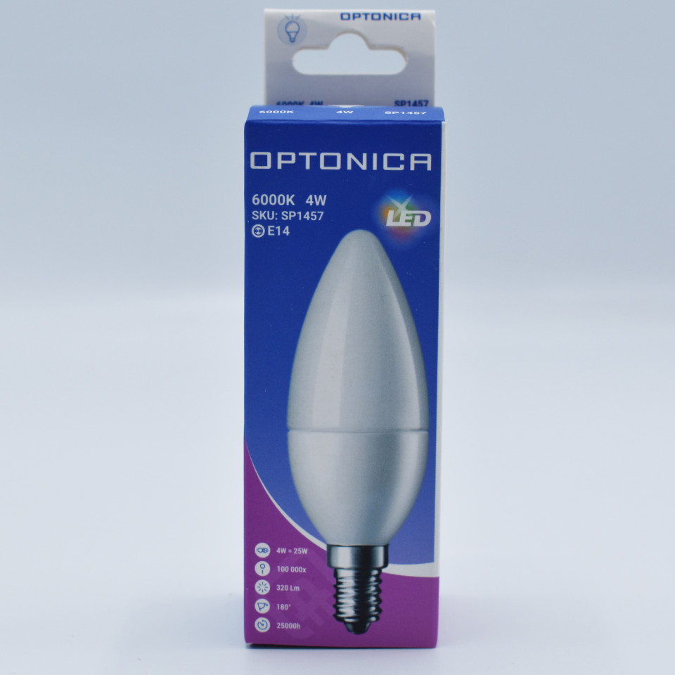 Bec LED Lumanare 4W(25W) Optonica, E14, 320 lm, lumina rece (6000 K), clasa energetica F - 2 | YEO