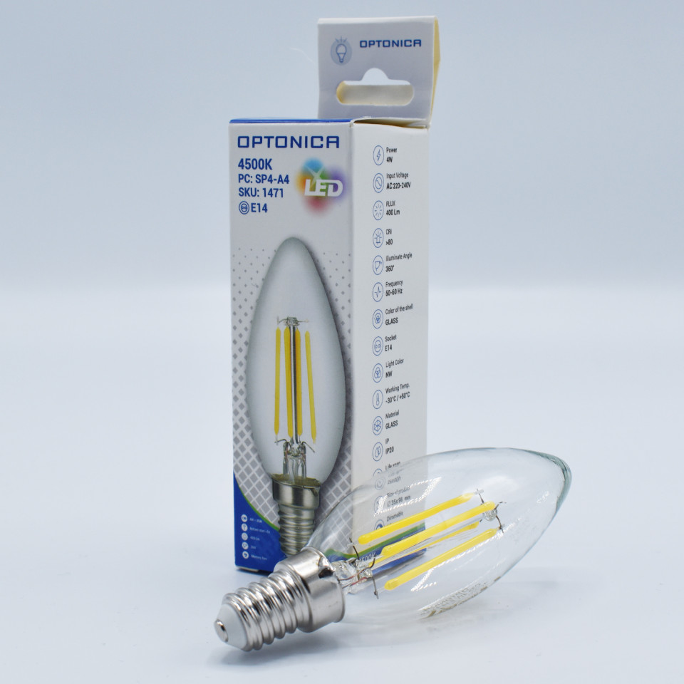 Bec LED lumanare Vintage filament Optonica, 4W(32W), E14, C35, 400 lm, lumina neutra (4500K), clasa energetica F - 1 | YEO