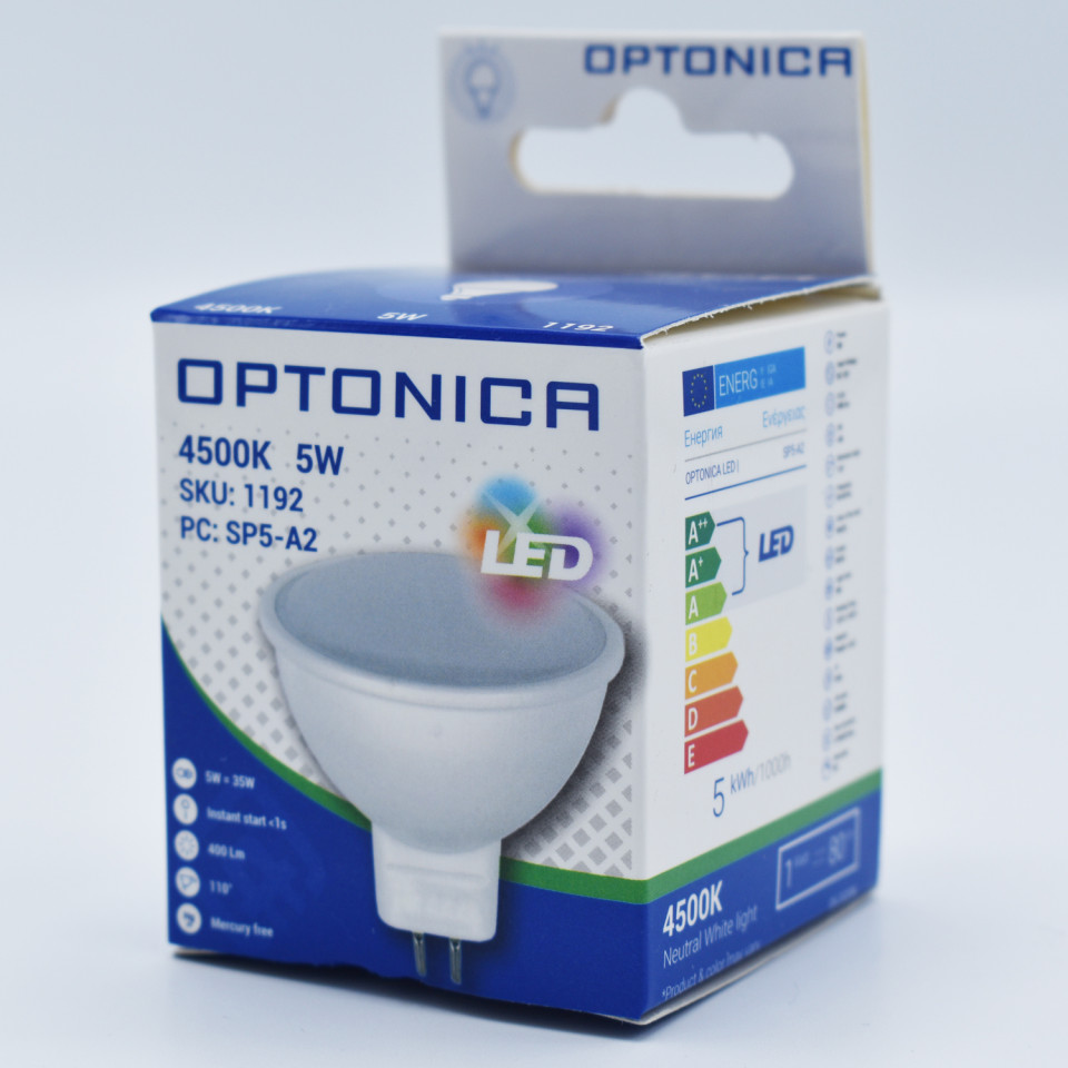 Bec LED MR16 Optonica, 12V, 5W(40W), 400 lm, lumina neutra (4500K), clasa energetica F