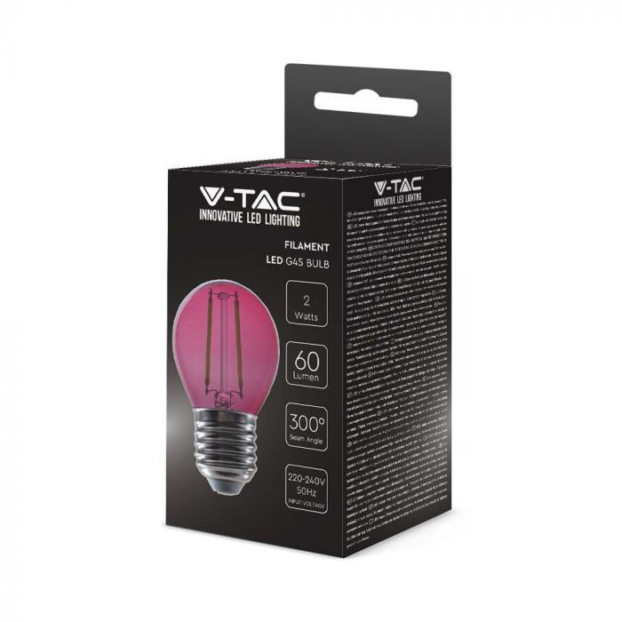Bec LED roz 2W V-TAC, G45, filament, E27, 60 lm, sticla colorata, lumina decorativa