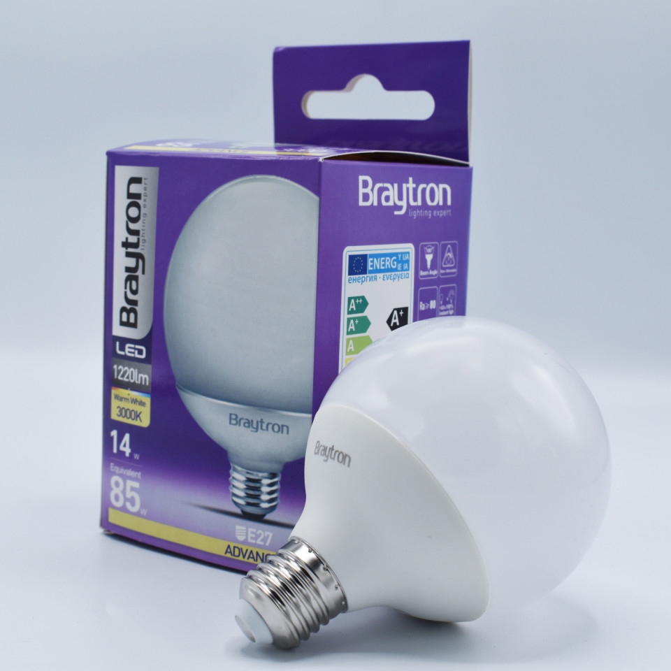 Bec LED Sferic 14W(90W) Braytron, G95, E27, 1360 lm, lumina calda (3000 K), clasa energetica F - 1 | YEO
