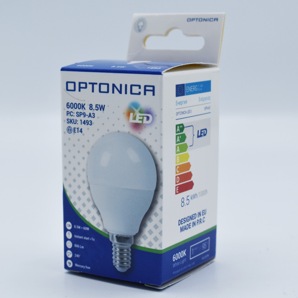 Bec LED sferic 8.5W(60W) Optonica, E14, G45, 806 lm, lumina rece (6000K), clasa energetica F