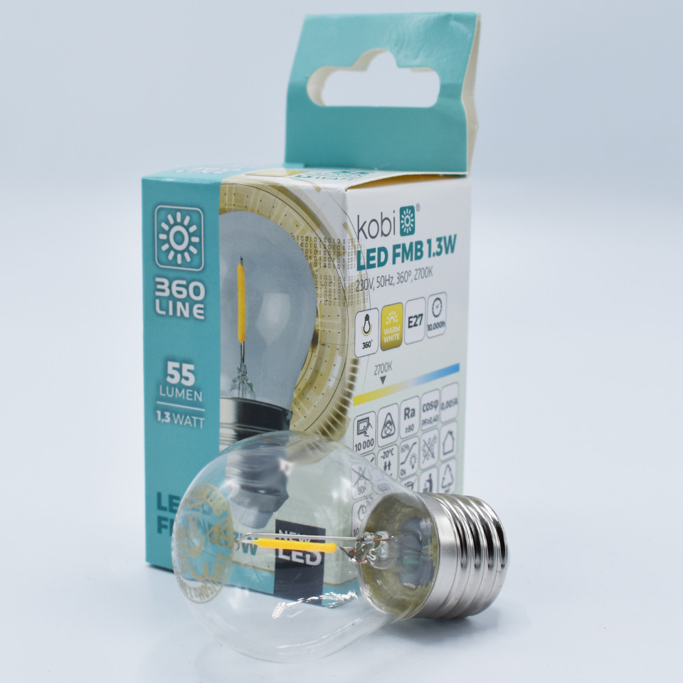 Bec LED sferic Vintage filament 1.3W(10W) Kobi, E27, 55 lm, lumina calda (2700K), clasa energetica G - 1 | YEO