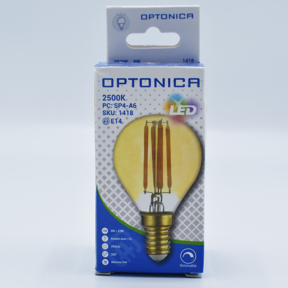 Bec LED sferic Vintage filament Optonica, 4W(30W), E14, G45, 350 lm, lumina calda (2500K), auriu, dimabil, clasa energetica F - 2 | YEO