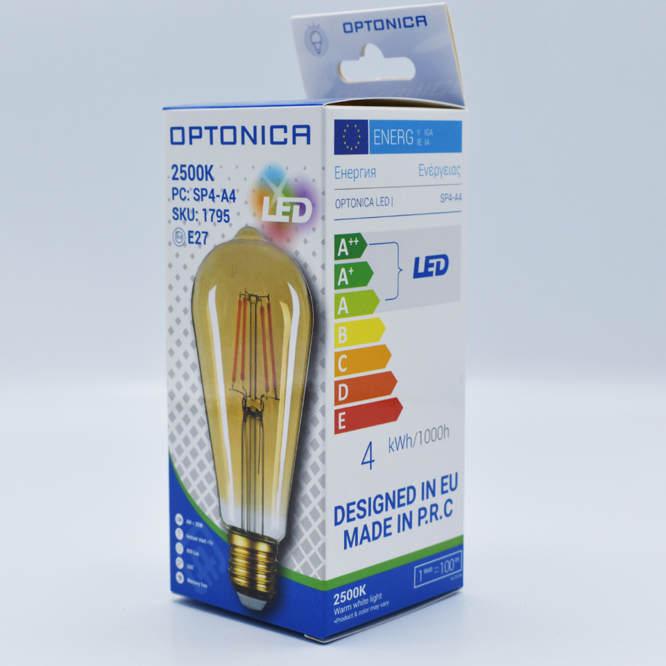 Bec LED Vintage 4W(27W) Optonica, ST64, E27, 400 lm, lumina calda (2800K), auriu, clasa energetica F
