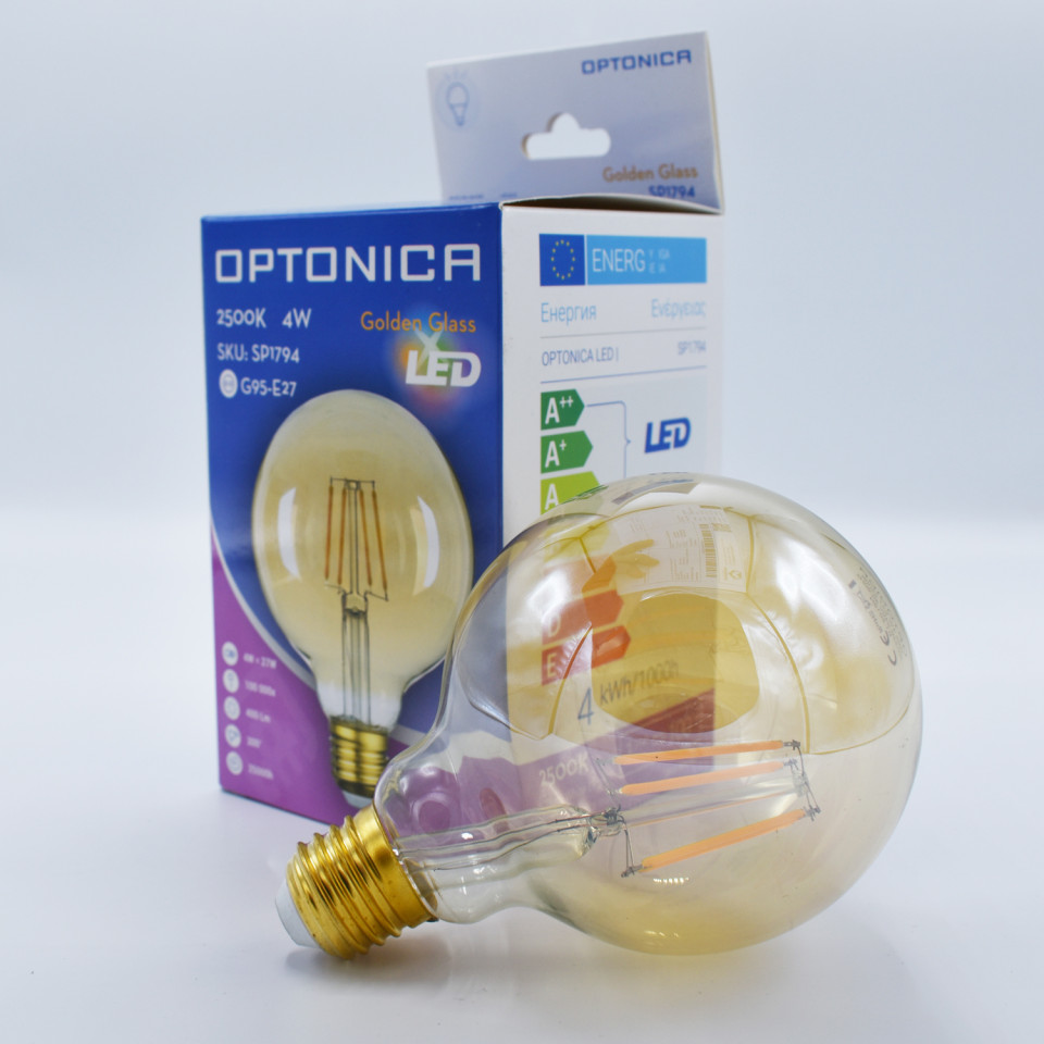Bec LED Vintage filament 4W(27W) Optonica, G95, E27, 400 lm, lumina calda (2800K), auriu, clasa energetica F - 1 | YEO