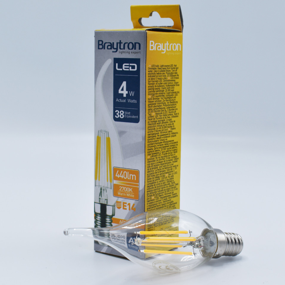 Bec LED Vintage filament 4W(38W) Braytron, flacara, E14, 470lm, lumina calda(3000 K), clasa energetica E - 1 | YEO