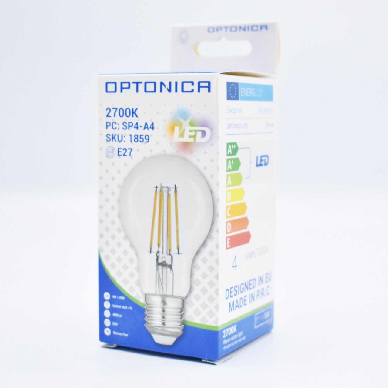Bec LED Vintage filament Optonica, 4W(32W), E27, A60, 470 lm, lumina calda (2700K), transparent, clasa energetica E