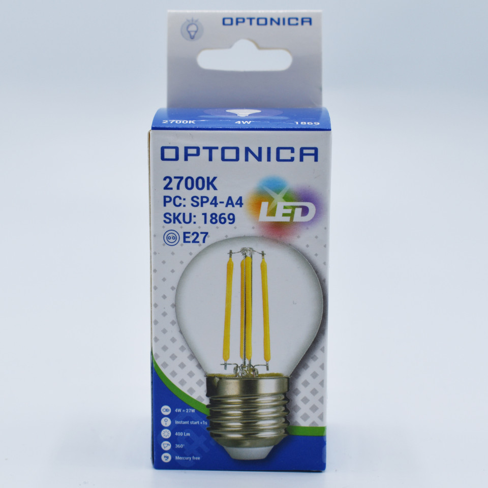 Bec LED Vintage filament Optonica, 4W(32W), E27, G45, 400 lm, lumina calda (2700K), clasa energetica F - 2 | YEO