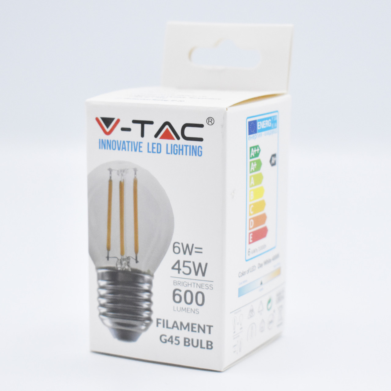 Bec LED Vintage filament V-TAC, 6W(45W), E27, G45, 600 lm, lumina neutra (4000K), clasa energetica F
