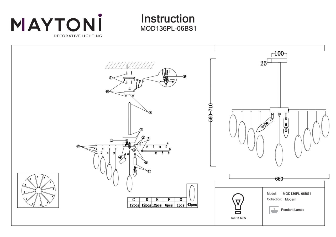 Candelabru Porto MOD136PL-06BS1, 6xE14, auriu+alb, IP20, Maytoni