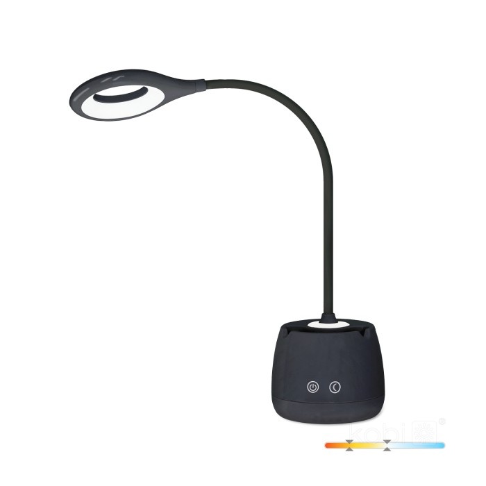 Lampa de birou LED LUSIA 5W, 4000K, portabila, acumulator, suport telefon si pixuri, neagra, Kobi