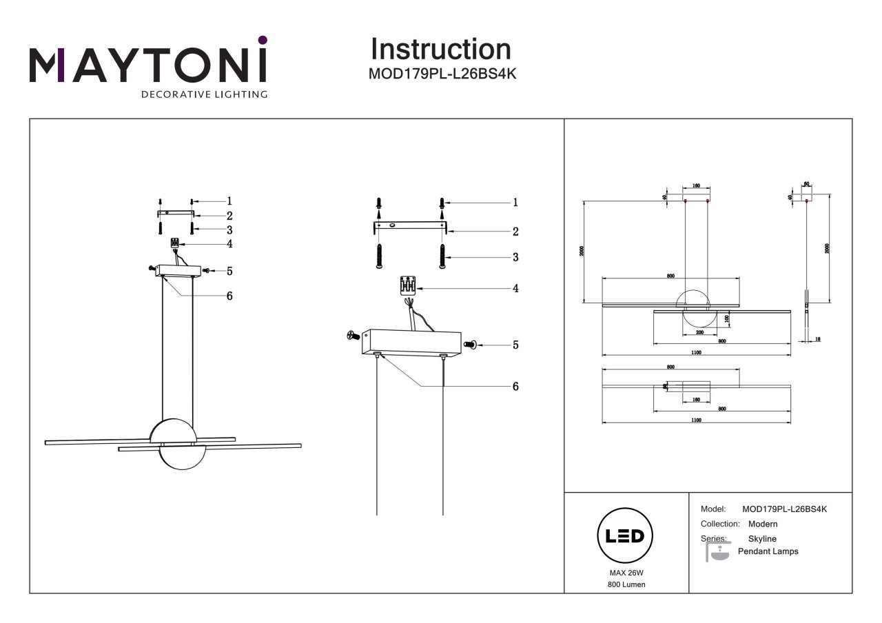 Lustra LED Skyline MOD179PL-L26BS4K, 26W, 900lm, lumina neutra, IP20, neagra+aurie, Maytoni - 3 | YEO